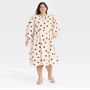Who What Wear Dress Midi 50s Polka Dot Long Sleeve Black Cream Women Casual NWT